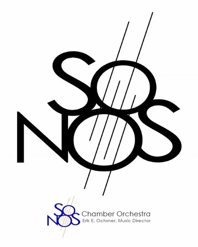 Design for the SOS Chamber Orchestra, showing overlapping black letters S, O, and S with lines crossing through them, and a smaller blue SOS logo with chorus and music director Erik E. Ochsner's name.
