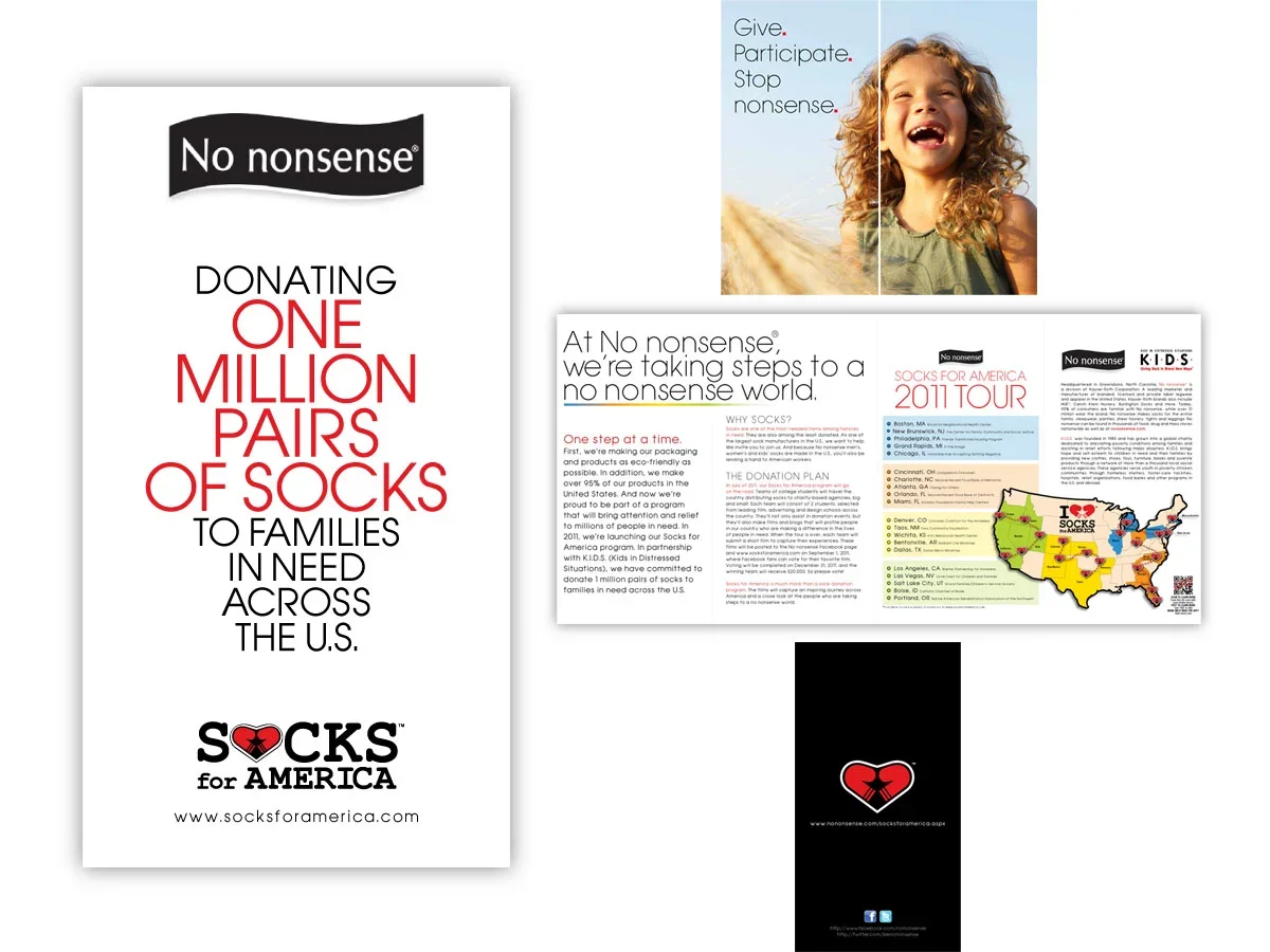 A poster showing the No nonsense logo and text about donating one million pairs of socks to families in need across the U.S., with a cause-related website. A smaller image of a young girl smiling outdoors accompany the poster, along with informationa
