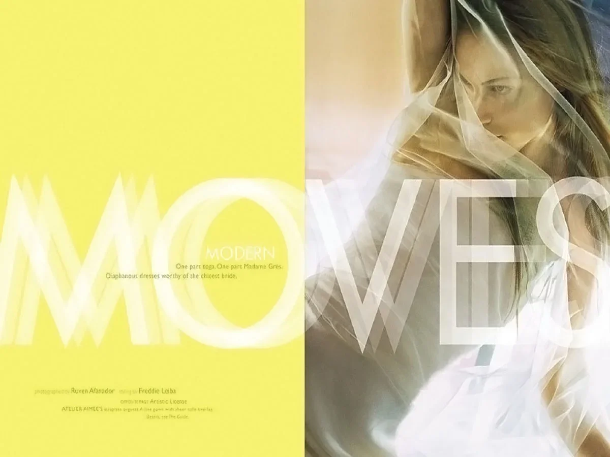 A split image with the left side showing bright yellow background with white text reading 'MODERN WOMEN', and the right side featuring a young woman with long hair, partially covered by sheer fabric, and the word 'LOVE' overlayed on her face in large