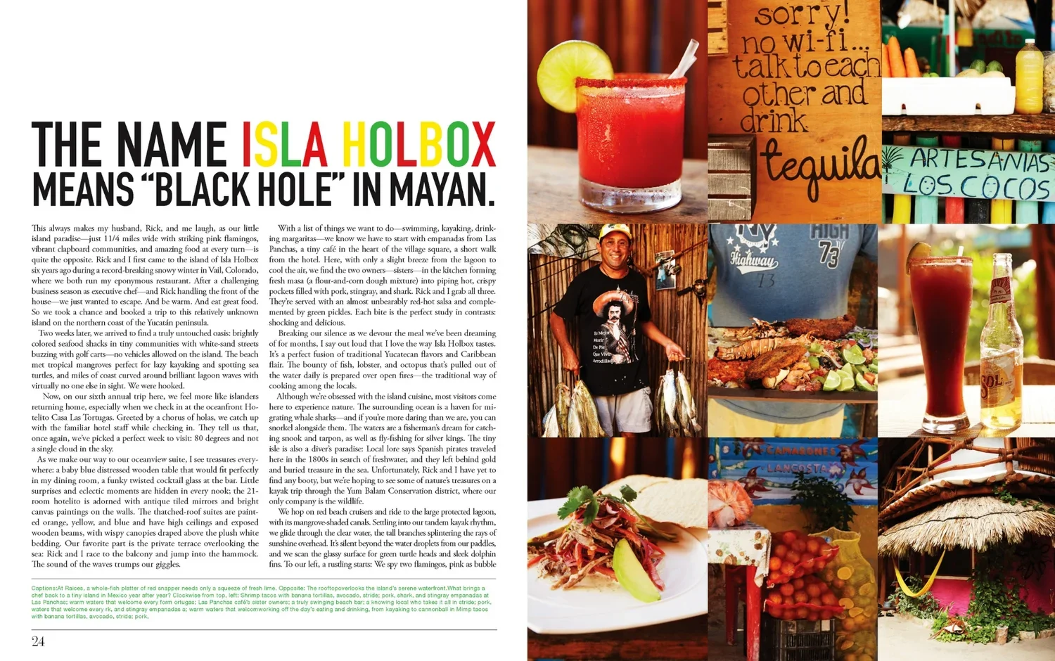 A collage of photographs and text about Isla Holbox, a Mexican island, showcasing drinks, food, local signages, fishermen, and island scenery.
