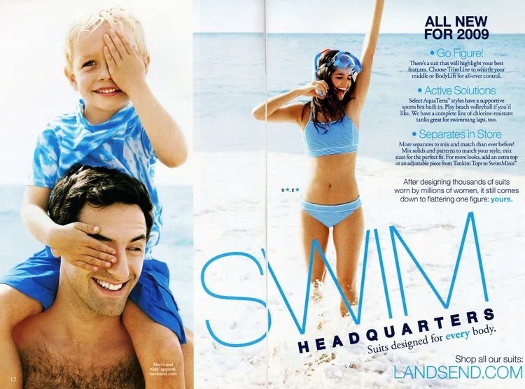 A man and two children enjoying at the beach, with one child riding on the man's shoulders and another girl in a striped bikini waving. The beach and water are visible in the background.