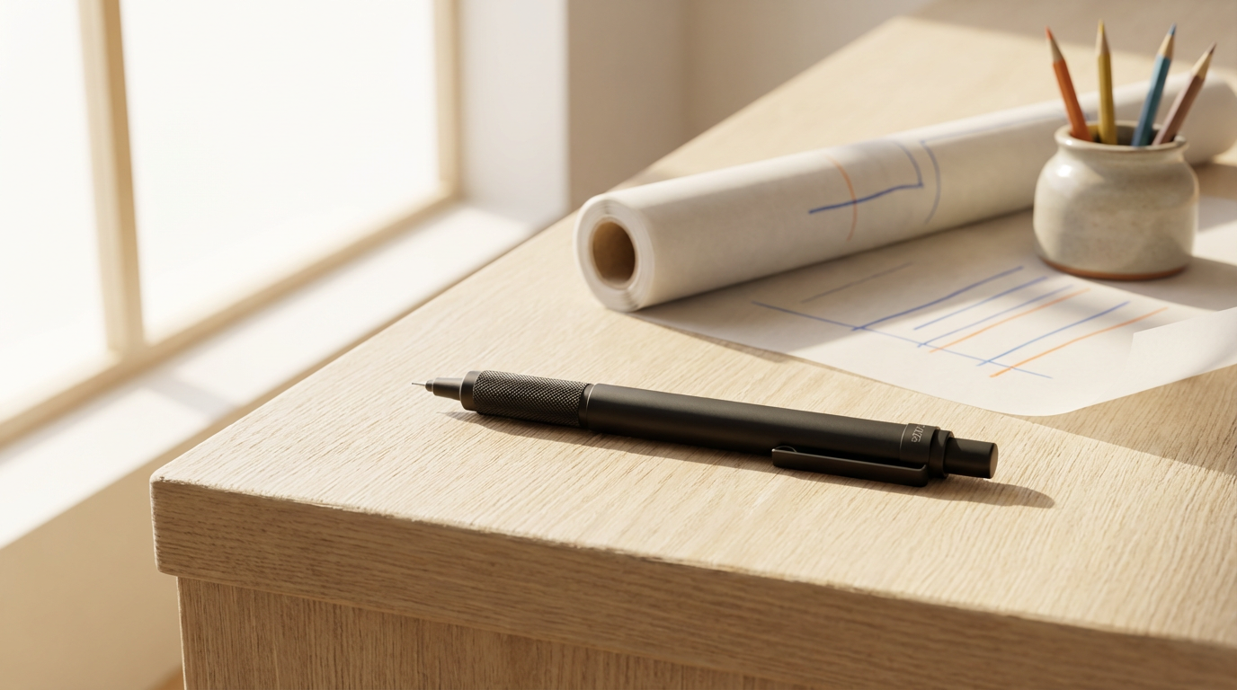 Desk with rolled blueprint, sheet of paper with colorful lines, cup of colored pencils, and black pen, near a window with sunlight.