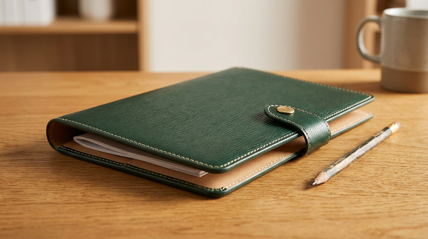 A green leather planner with white stitching, a beige interior, a strap with a snap button, and papers inside, placed on a wooden desk. There is a gray mug in the background.