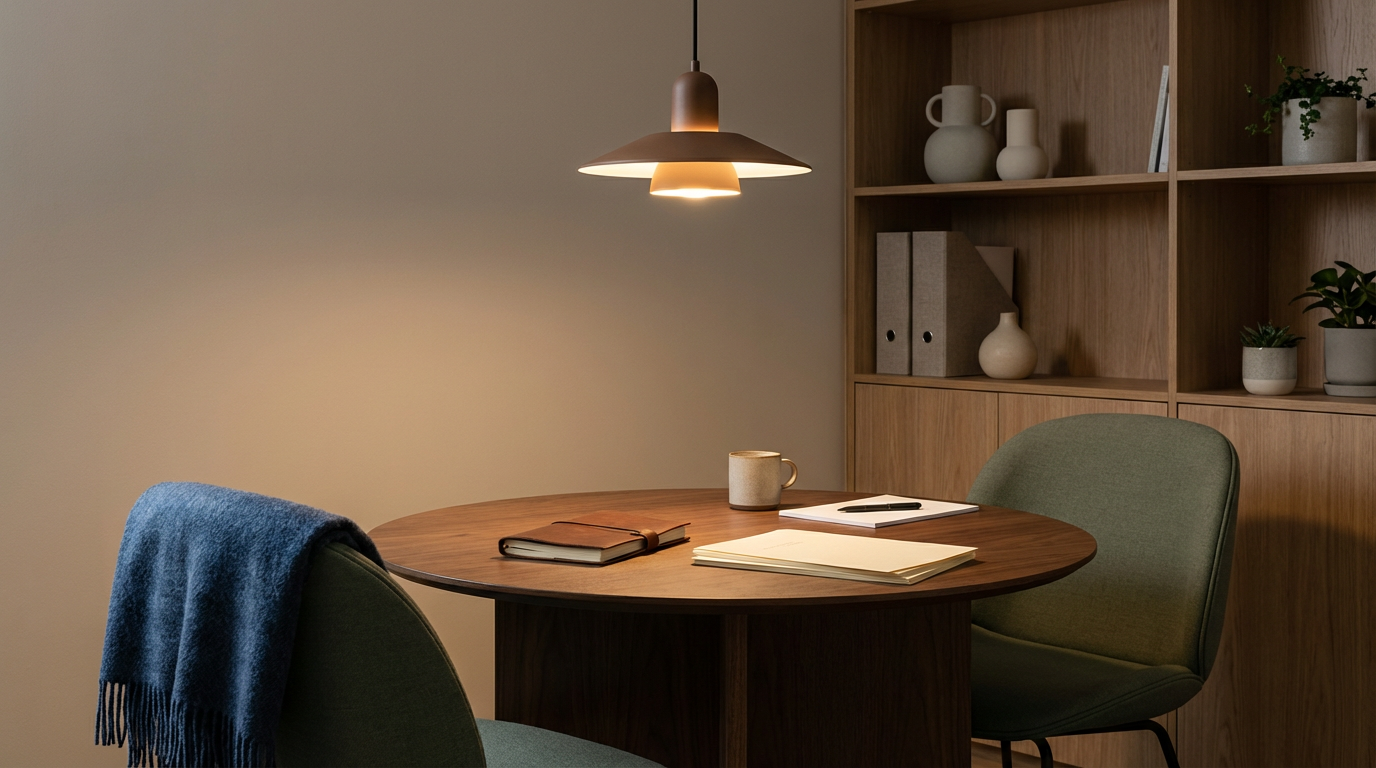 A cozy wooden dining area with a round table, two green upholstered chairs, a hanging pendant light, and a wooden bookshelf with decorative vases and potted plants in the background.