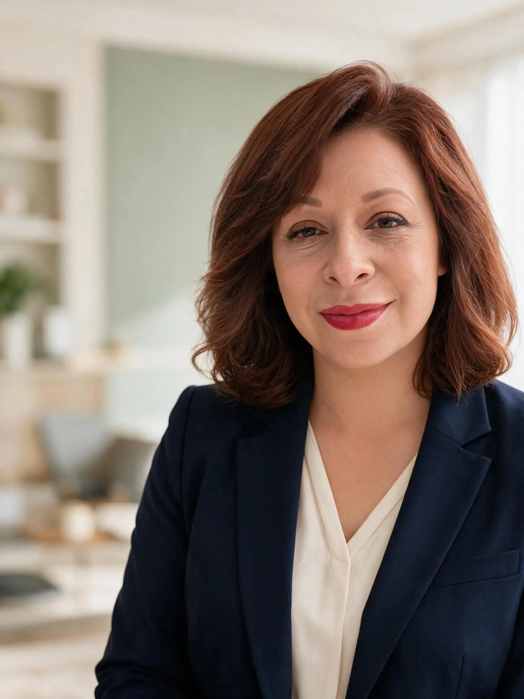 Close-up of a woman with medium-length curly auburn hair, wearing a dark blazer and a white blouse, smiling softly in a brightly lit room with blurred shelves and decor in the background.