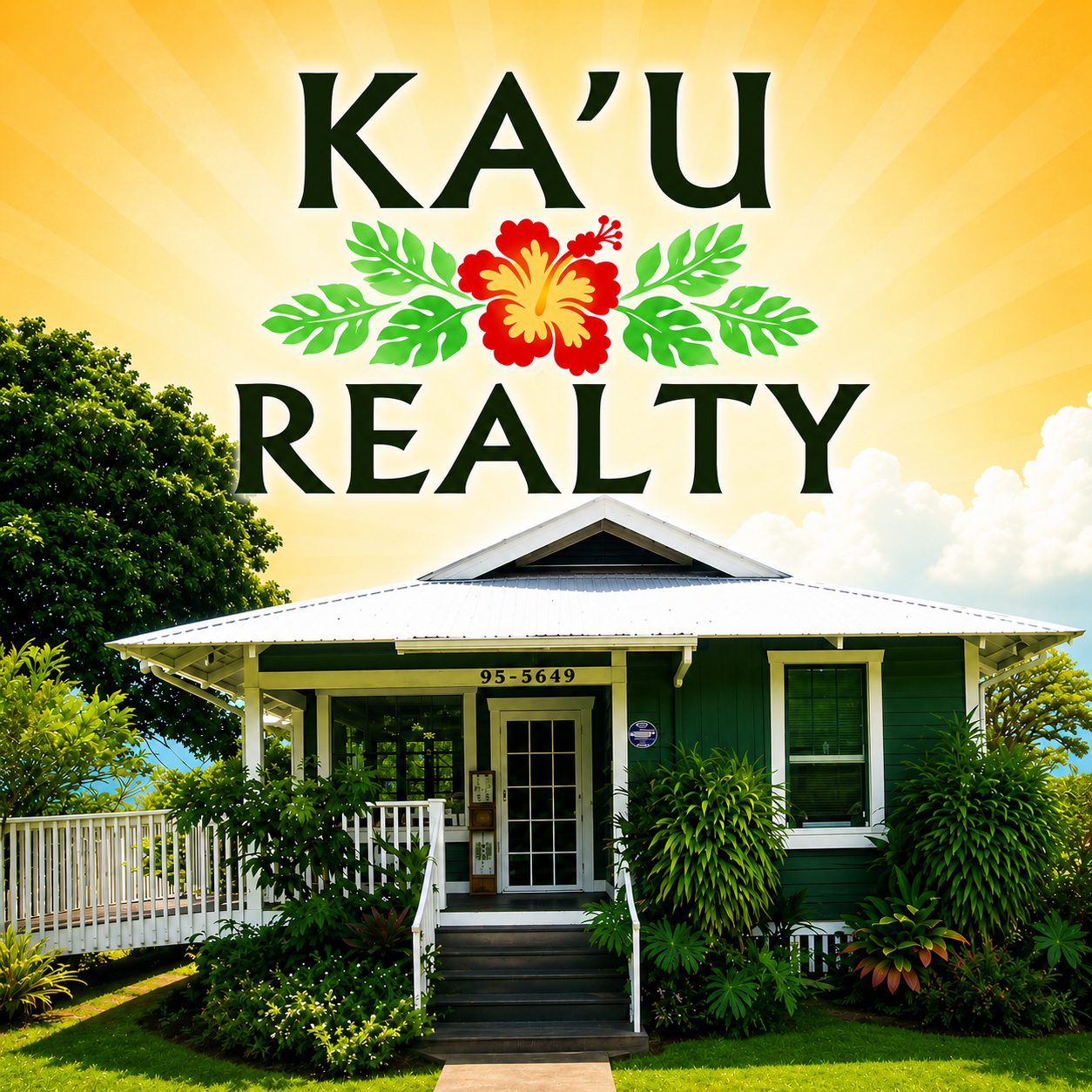A house with a white roof, green walls, surrounded by lush green plants and trees, with a bright sky and clouds in the background, and a sign that reads 'KA'U REALTY' at the top.