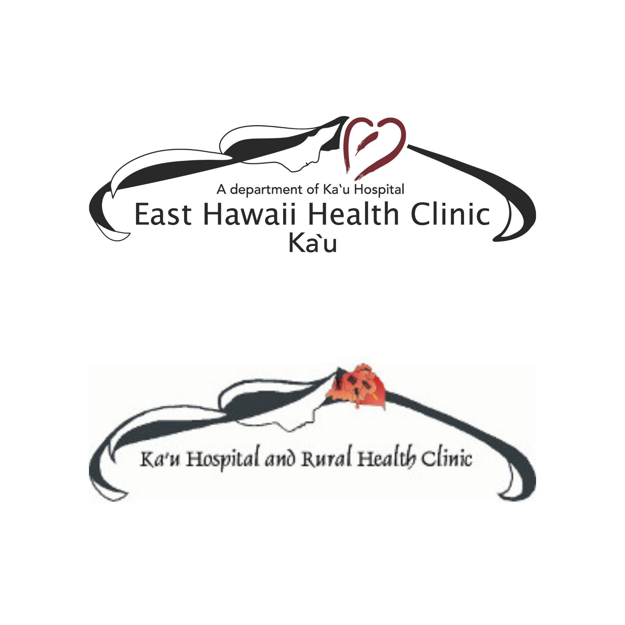 Logo for East Hawaii Health Clinic, featuring a stylized woman's profile with flowing hair, a red heart shape, and a small red flower.