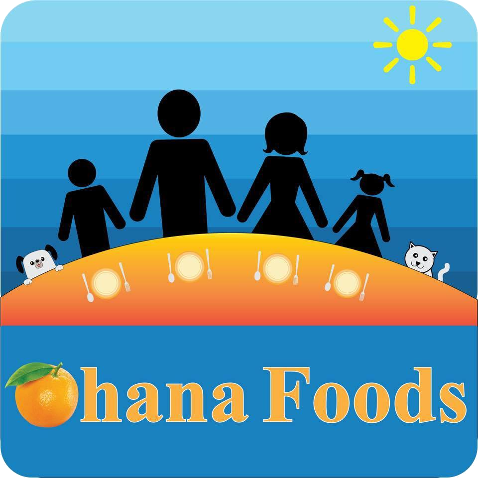 A colorful illustration of a family with two children holding hands, a small dog, and a toy dog on a sunny day, with the text 'Hana Foods' and an orange fruit logo.