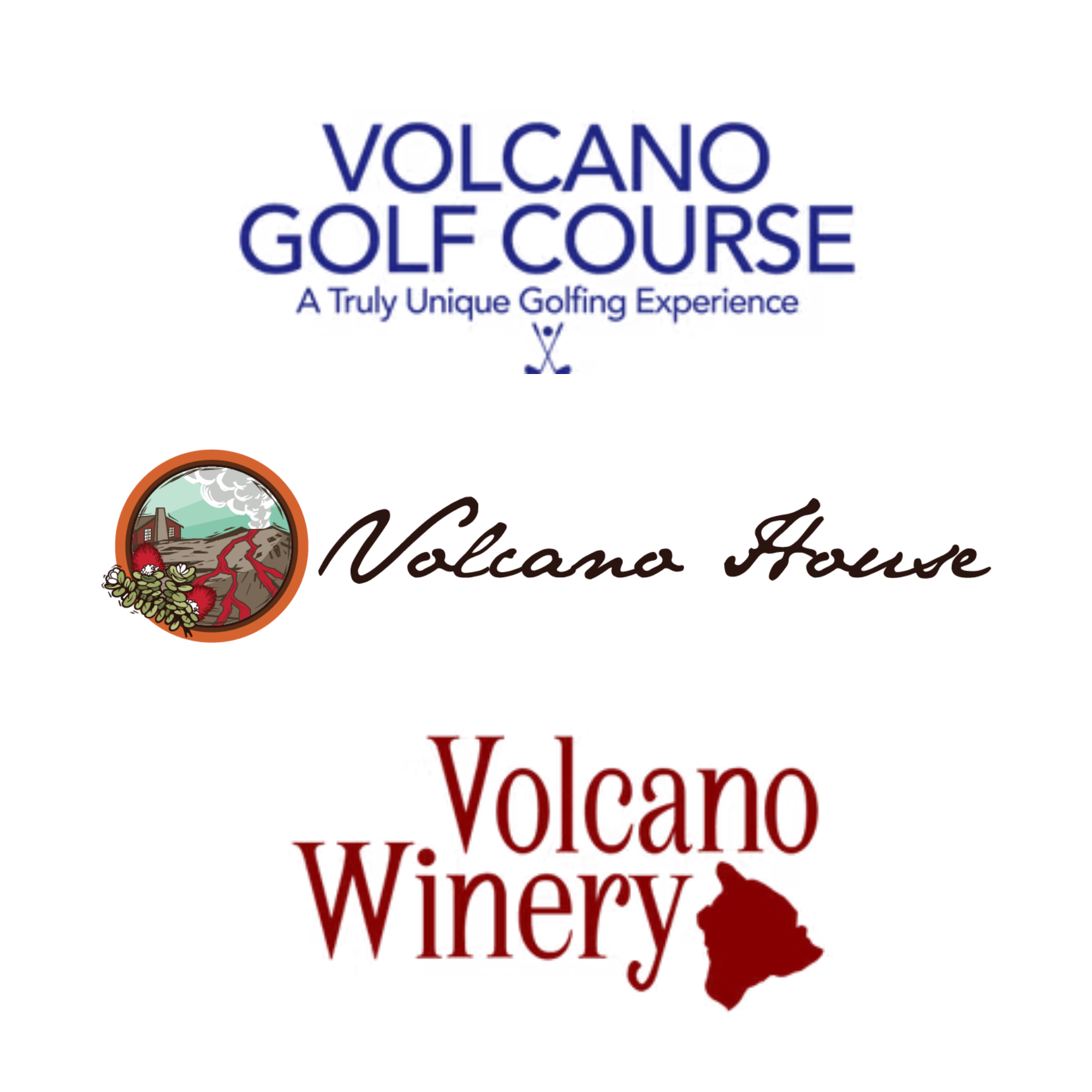 Logo for Volcano Golf Course, with supporting text 'A Truly Unique Golfing Experience' and an illustration of a volcano.