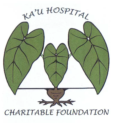 Illustration of four green leaves arranged to resemble a bird with the text 'KA'U HOSPITAL CHARITABLE FOUNDATION' displayed above and below the image.