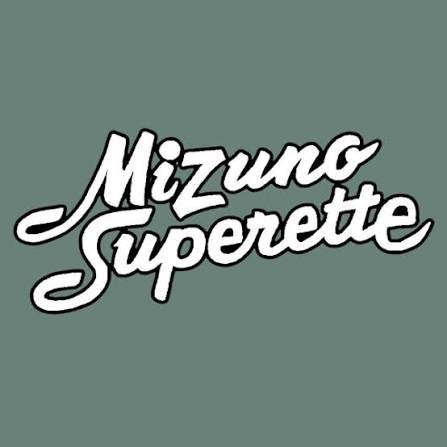 Text that reads 'Mizuno Superette' in white, stylized font on a muted green background.