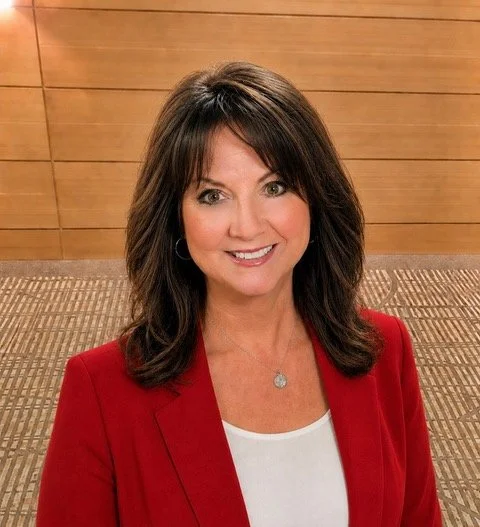 Portrait of a woman with dark hair and bangs, wearing a white shirt and black blazer, indoors with windows in the background.