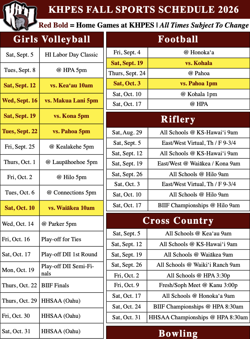 KHPES Fall Sports Schedule 2026