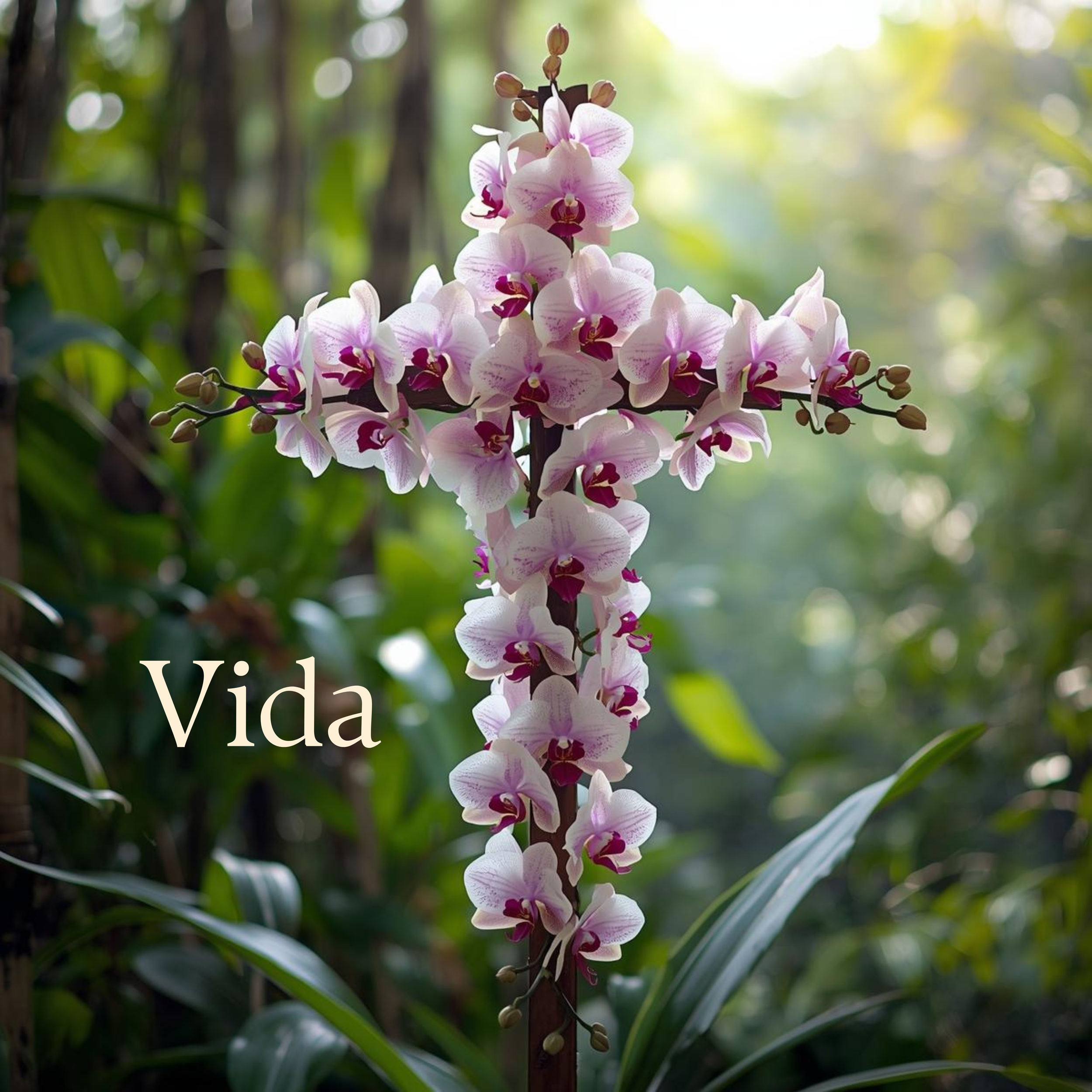 Pink and white orchid flower cluster with green background.