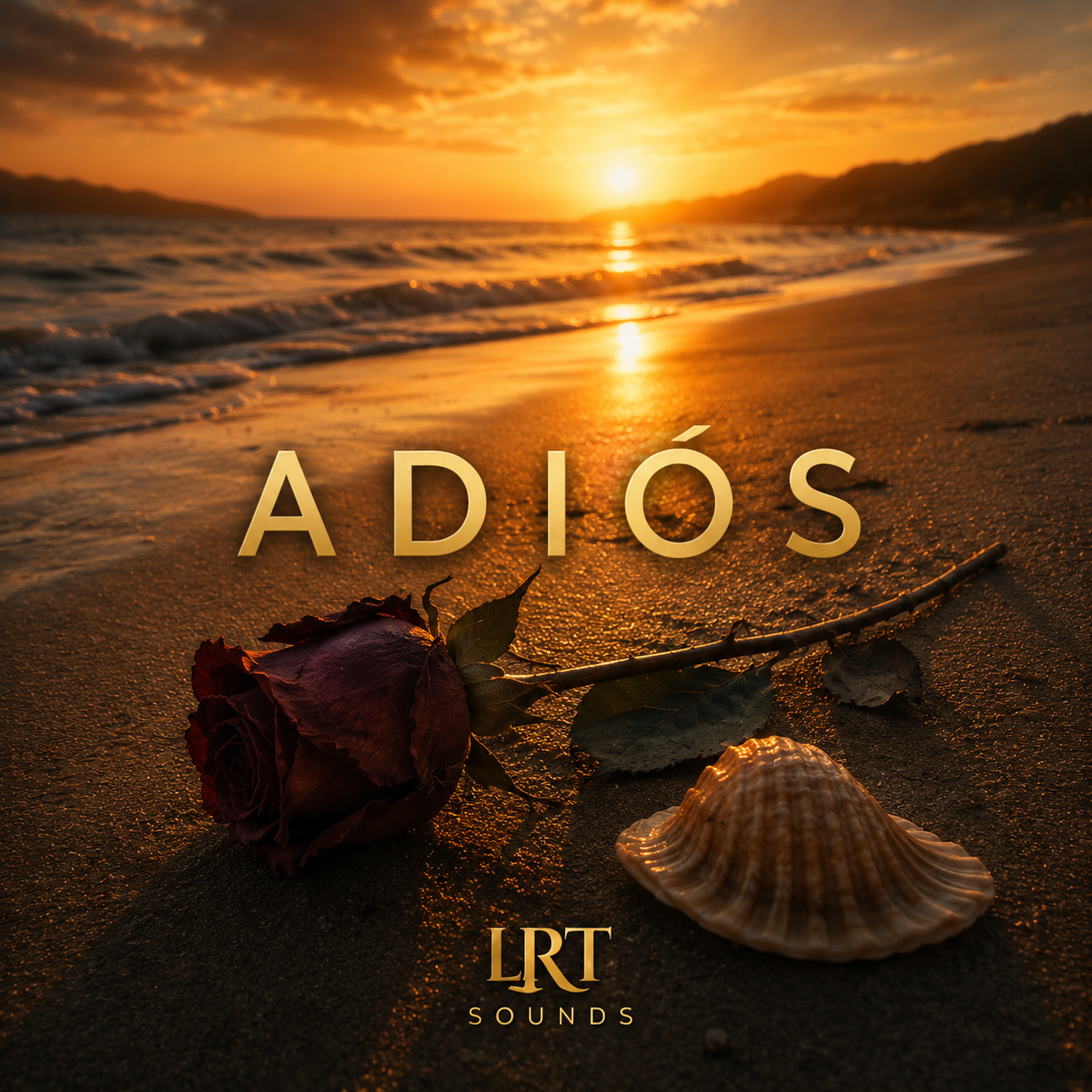 A sunset over the ocean with a rose and a seashell on the sandy beach. The word 'Adiós' is displayed in large text across the image.