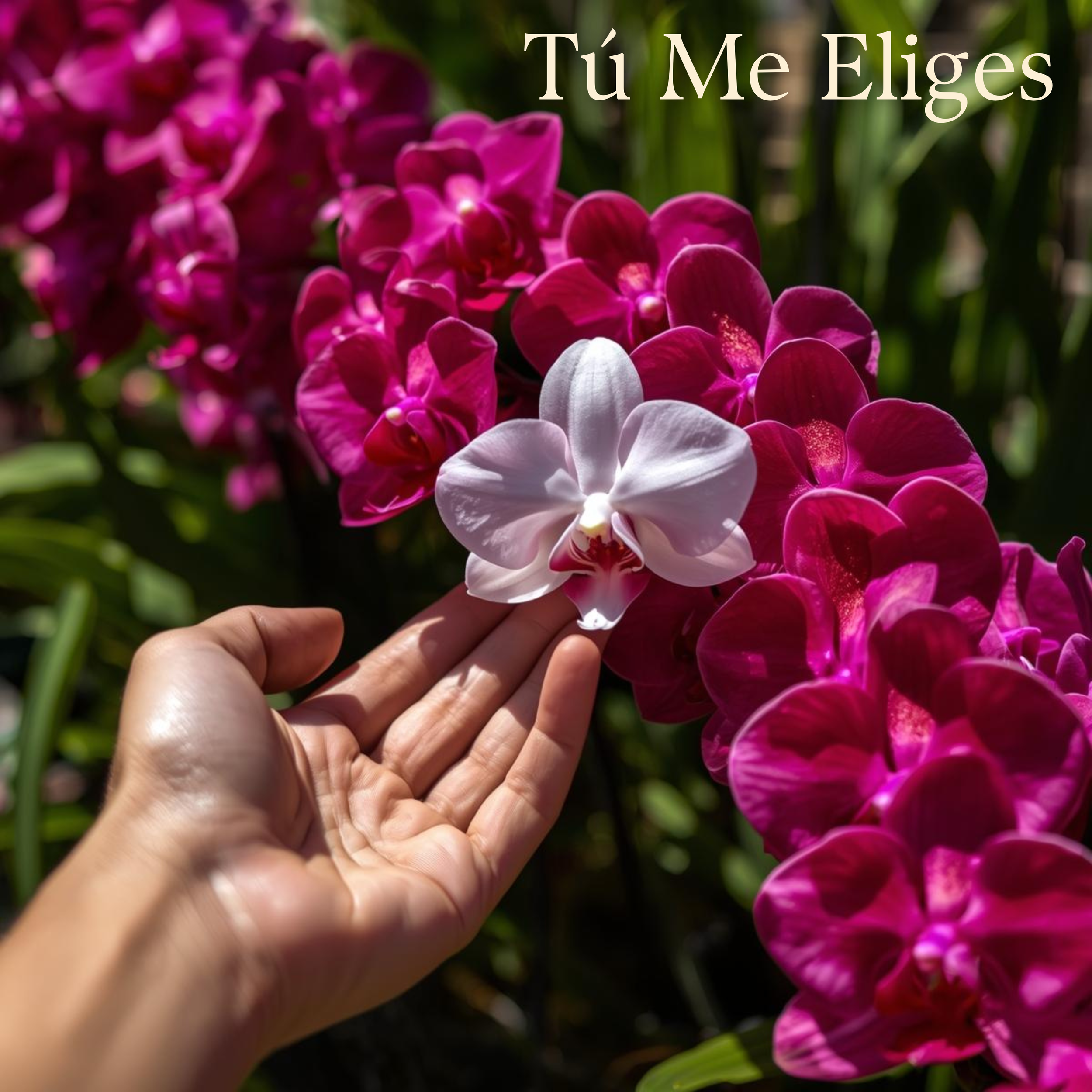 Close-up of bright pink and white orchids being held by a hand against a background of green foliage.