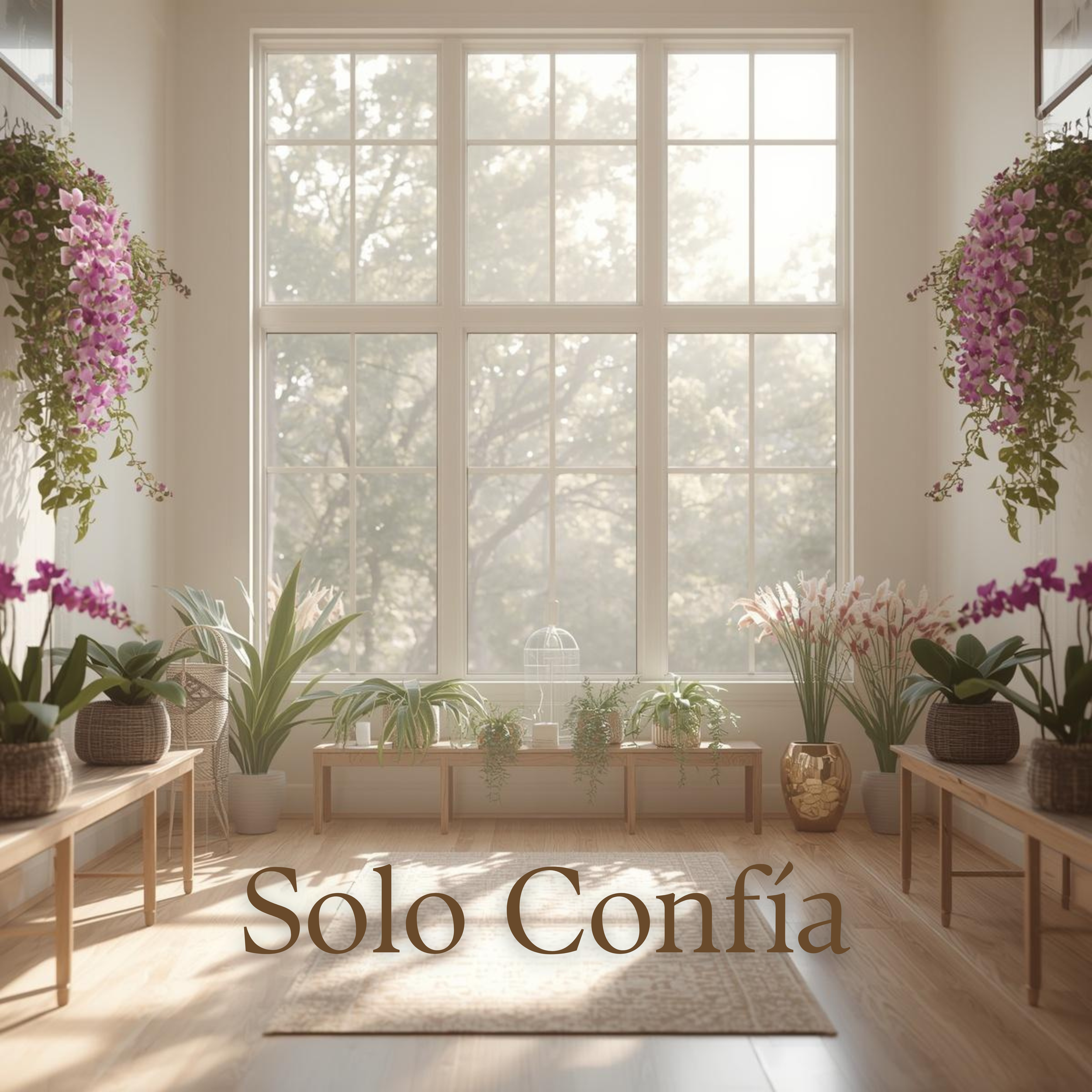A large sunlit window overlooking trees, with potted plants and flower arrangements on wooden tables and a bench in a bright, cozy room.