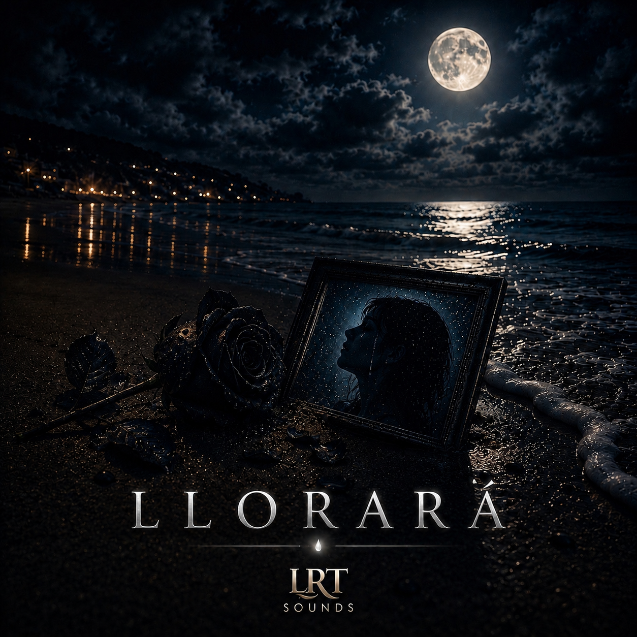 A framed silhouette of a woman's face is placed on a beach at night, with a black rose nearby. The scene is illuminated by the moon, which reflects on the water, and there are cloudy skies. The text "LLORAR" and "LRT SOUNDS" is at the bottom.