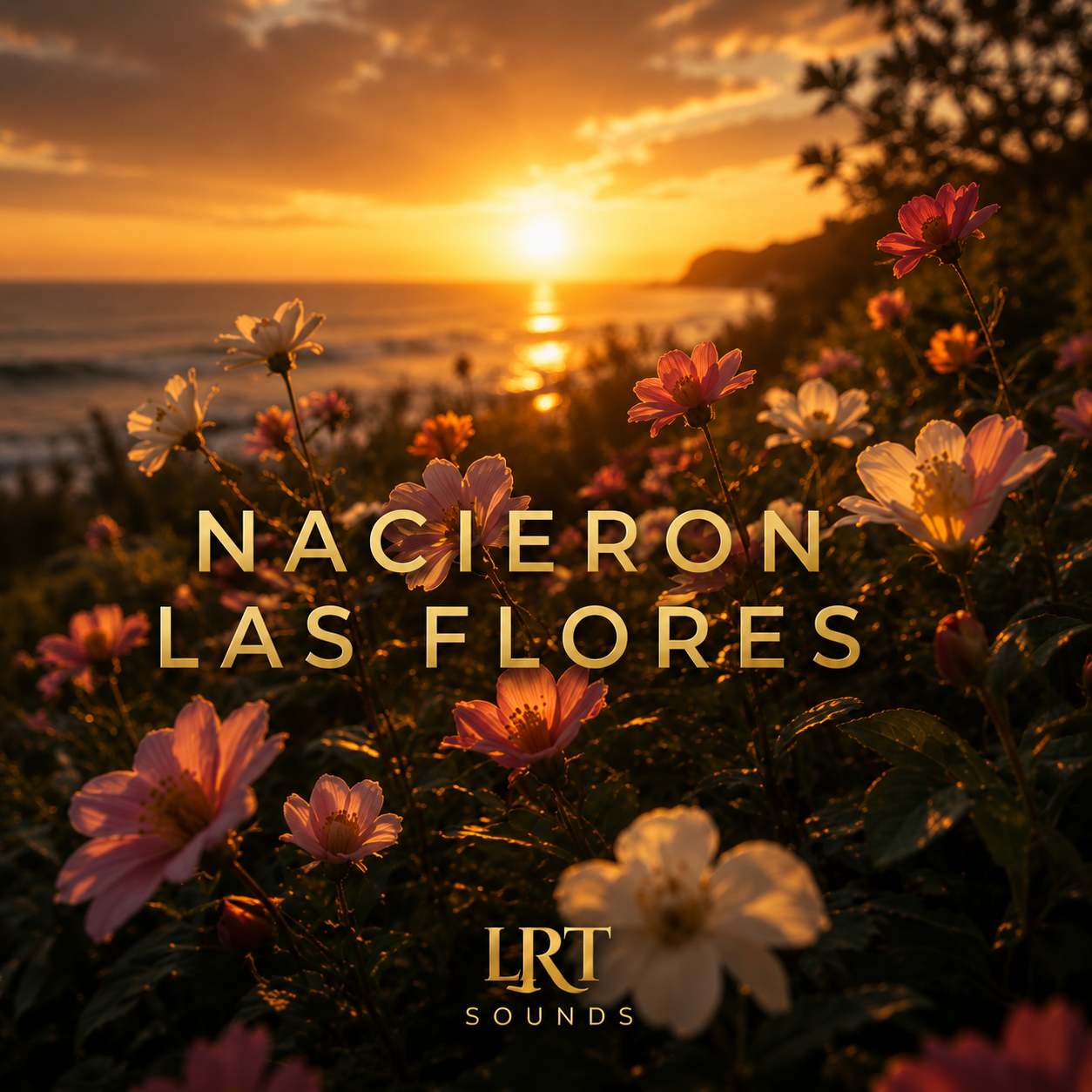 Sunset over the beach with pink and white flowers in the foreground and the ocean in the background, featuring the text 'NACIERON LAS FLORES' and the logo 'LRT SOUNDS'.