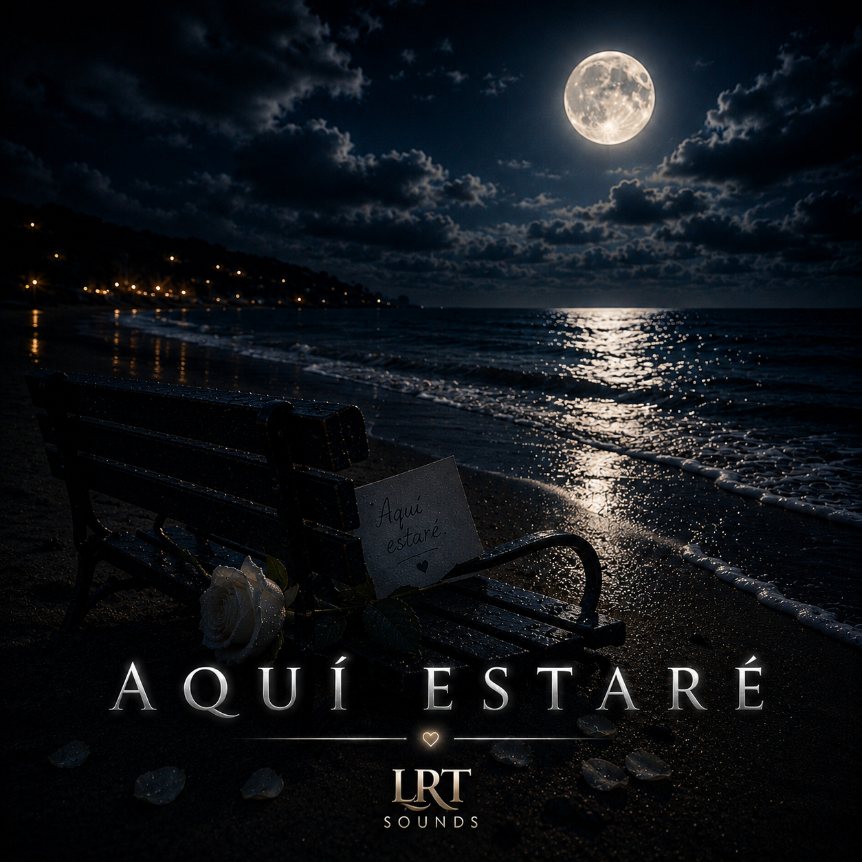 Nighttime scene of a beach under a full moon with clouds, a bench with a white rose and a note saying 'Aquí estaré', and the title 'Aquí estaré' with a logo for LRT Sounds.