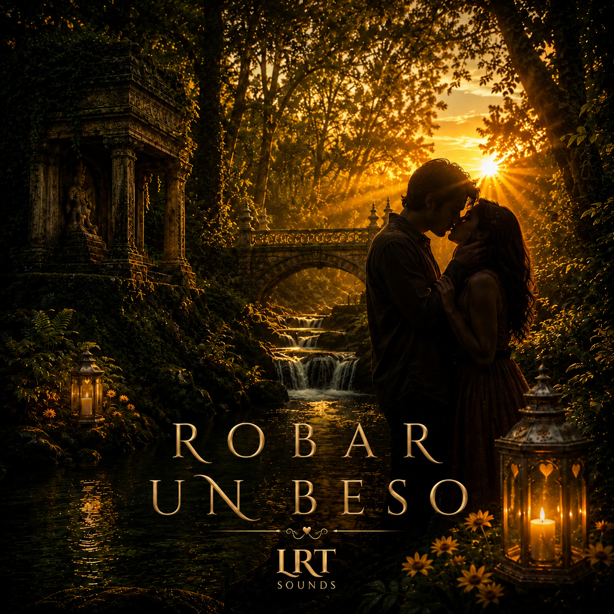 A romantic scene at sunset with a silhouette of a couple embracing in a lush garden with ornate statues, lanterns, and waterfalls, and the text 'Robar un Beso' at the bottom.