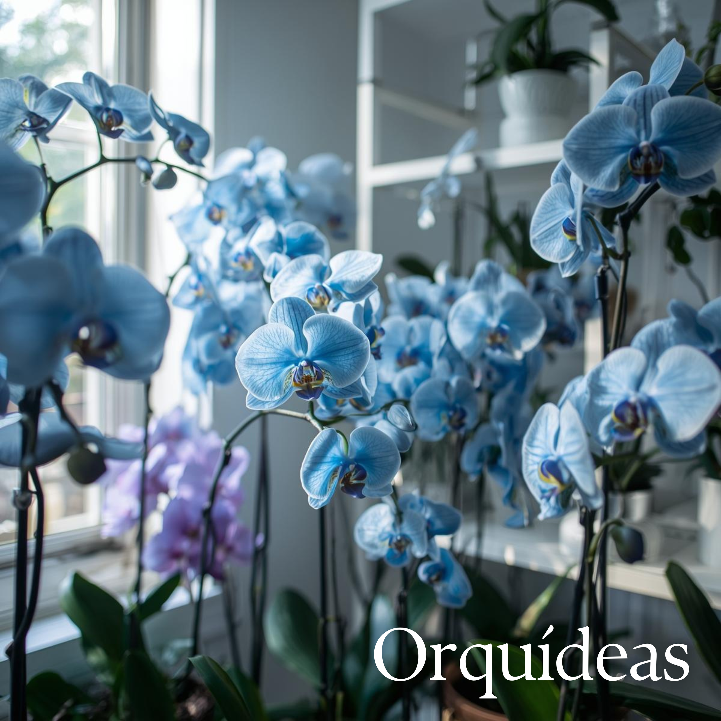 Close-up of blue orchids in a pot near a window with green leaves in the background.