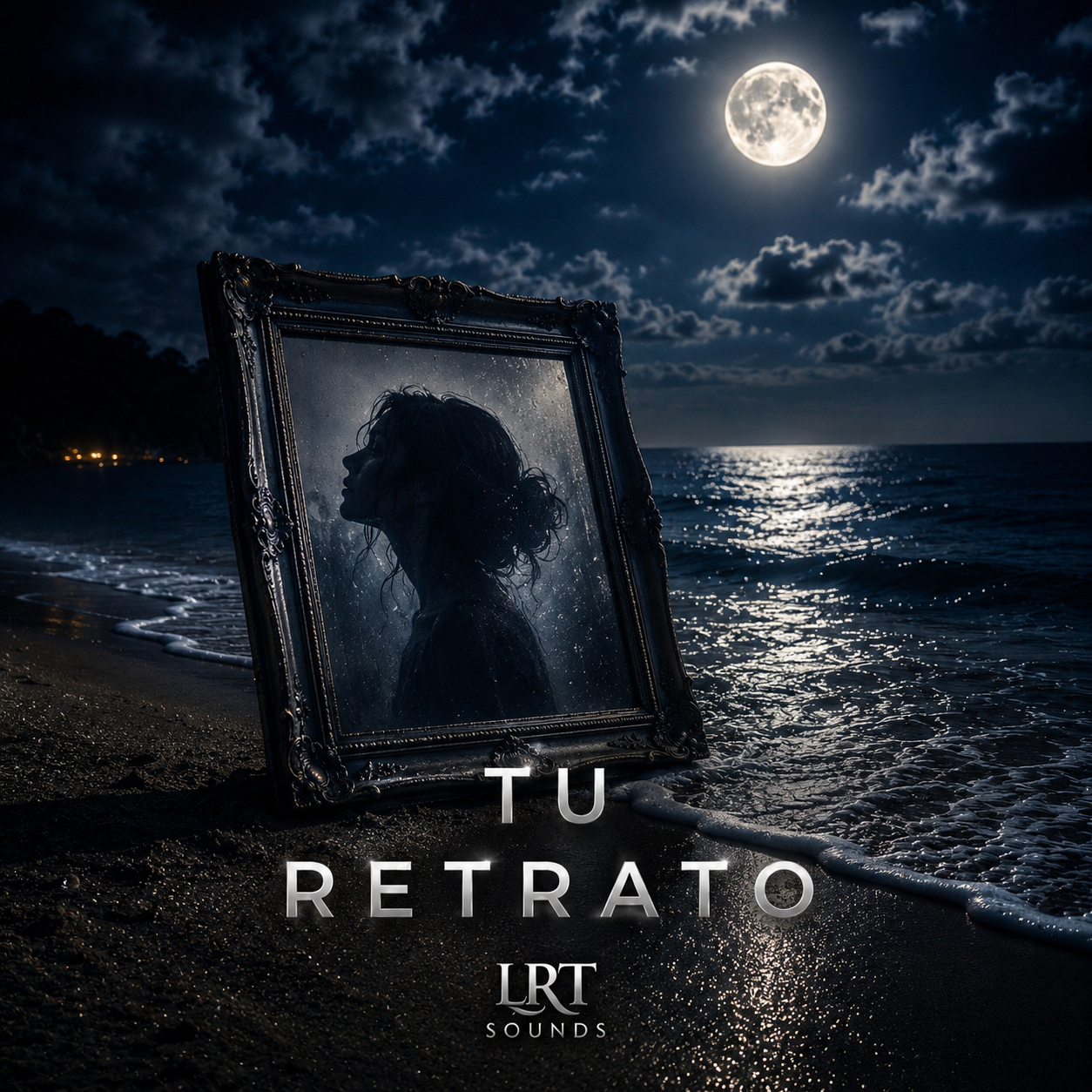 A silhouetted woman with wet hair inside a rain-covered mirror on a beach at night, with a full moon, clouds, and reflections on the water, with the text 'Tu Retrato' and 'LRT Sounds'.