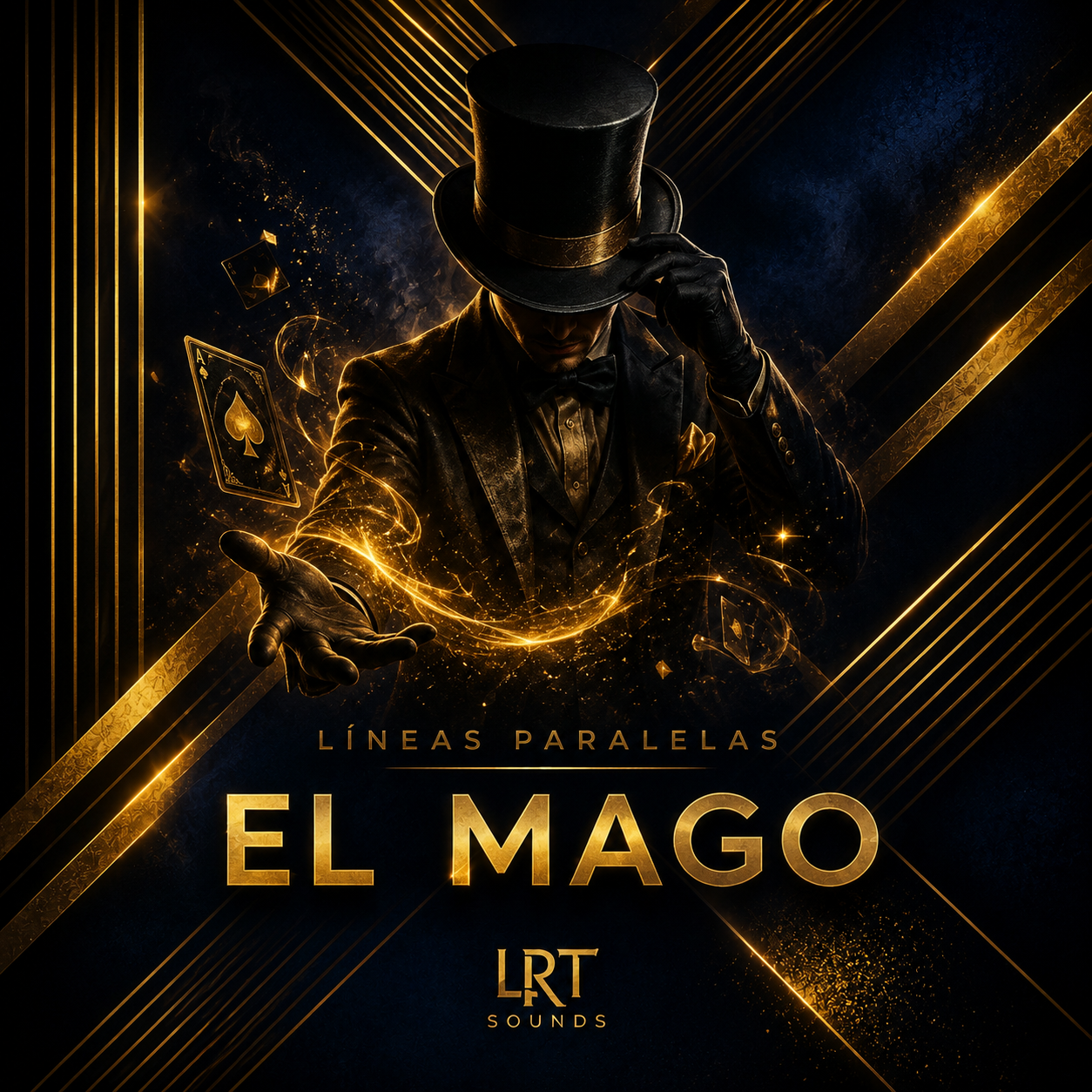A man in a tuxedo and top hat, holding a magician's wand, with glowing playing cards and magical sparkles around him, in a dark background with gold accents. Text reads 'Líneas Paralelas El Mago' and 'LRT Sounds'.