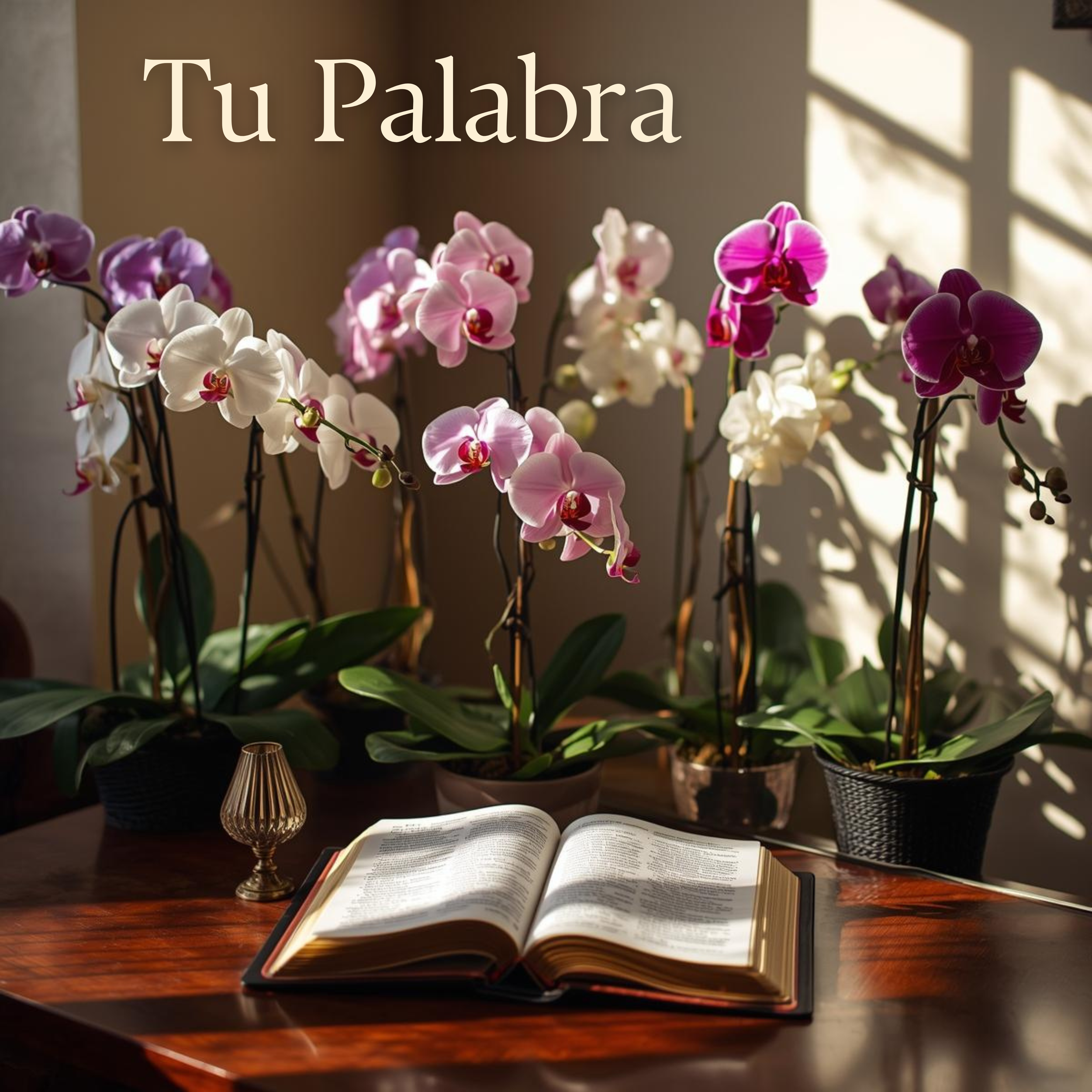 Open book on a wooden table with a gold decorative candlestick and a large plant with purple and white orchids in the background, sunlight streaming through window blinds.
