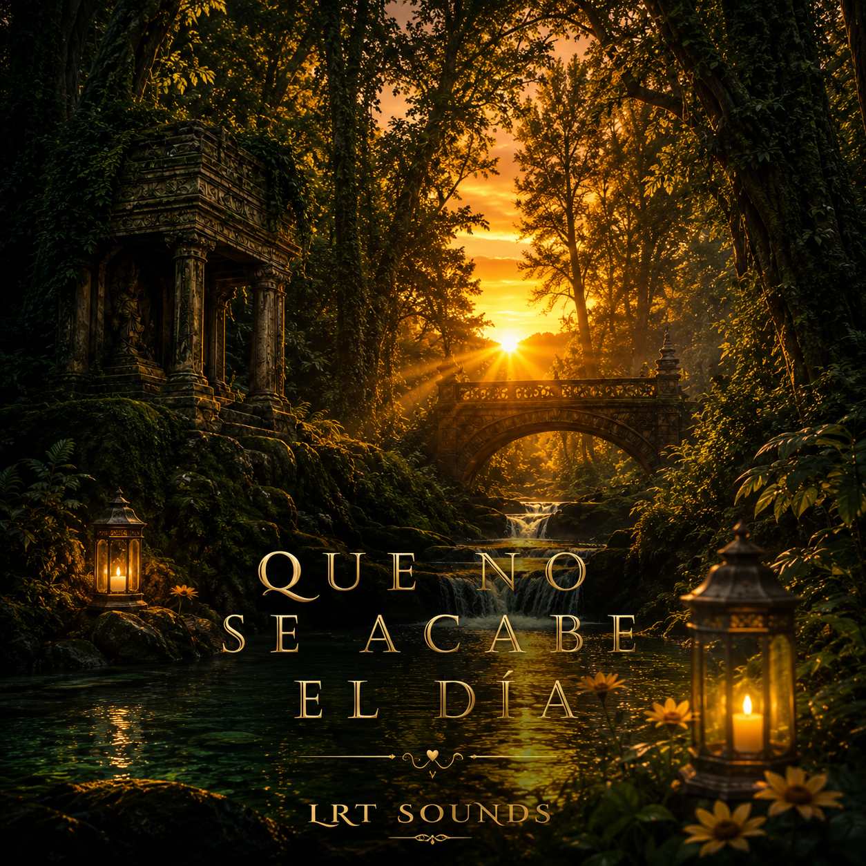 Sunset over a forest with a stone bridge, lanterns, and classical sculptures, inspiring quote in Spanish.