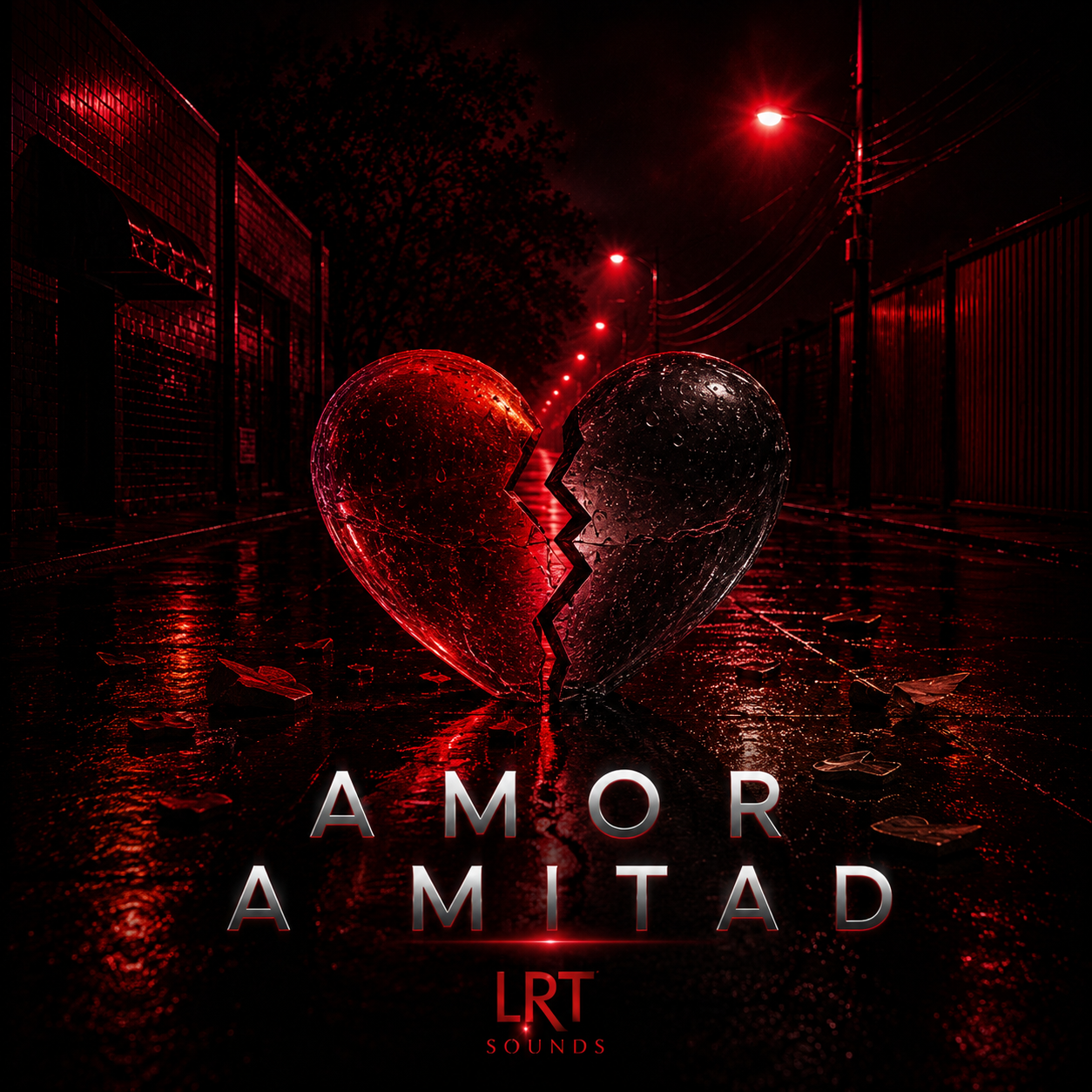 A broken glass heart on a wet, dark street at night, illuminated by red streetlights, with the text 'Amor Amítad' and 'LRT Sounds' at the bottom.