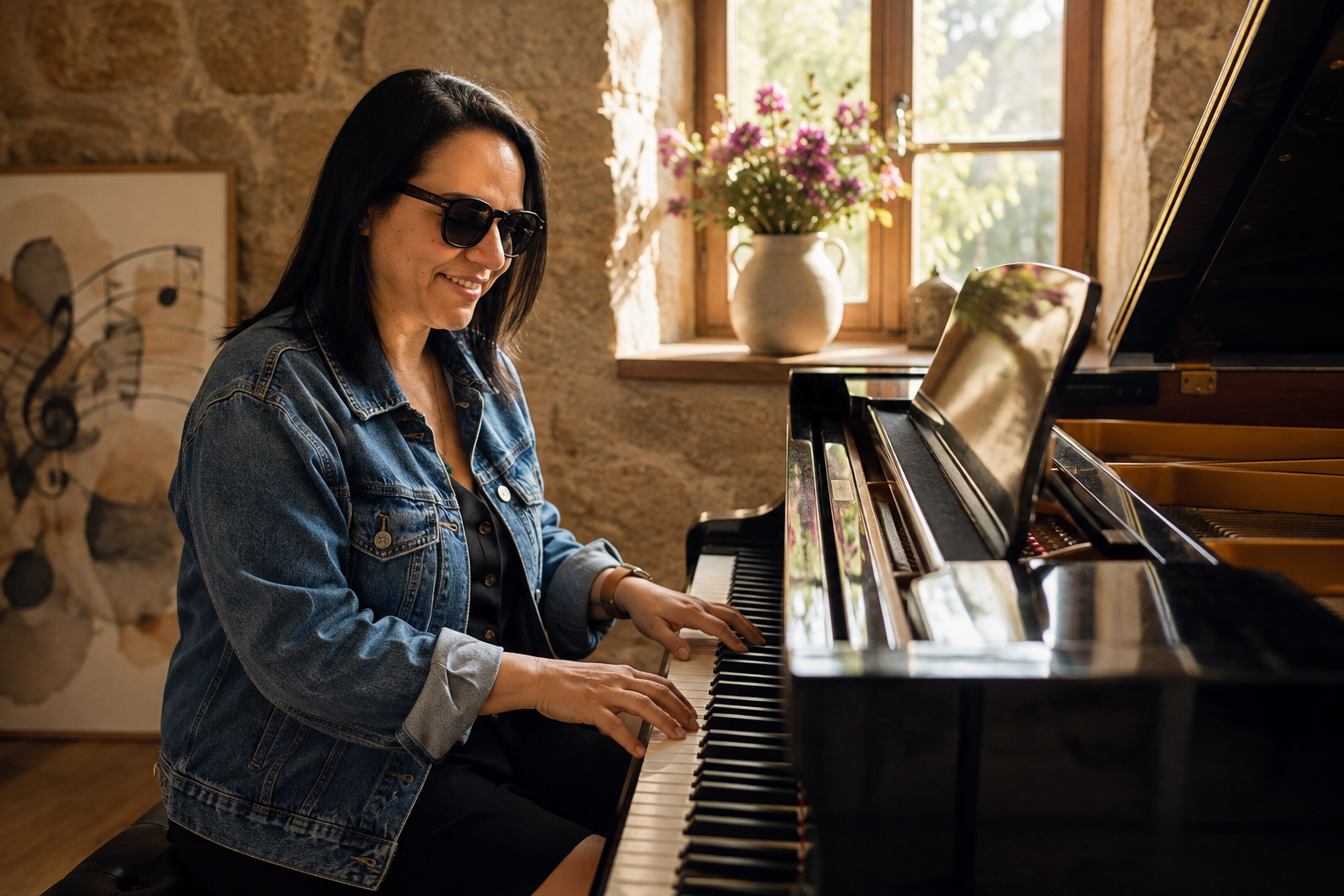 Woman playing a grand piano in a sunlit room with a brick wall, window, and potted flowers.