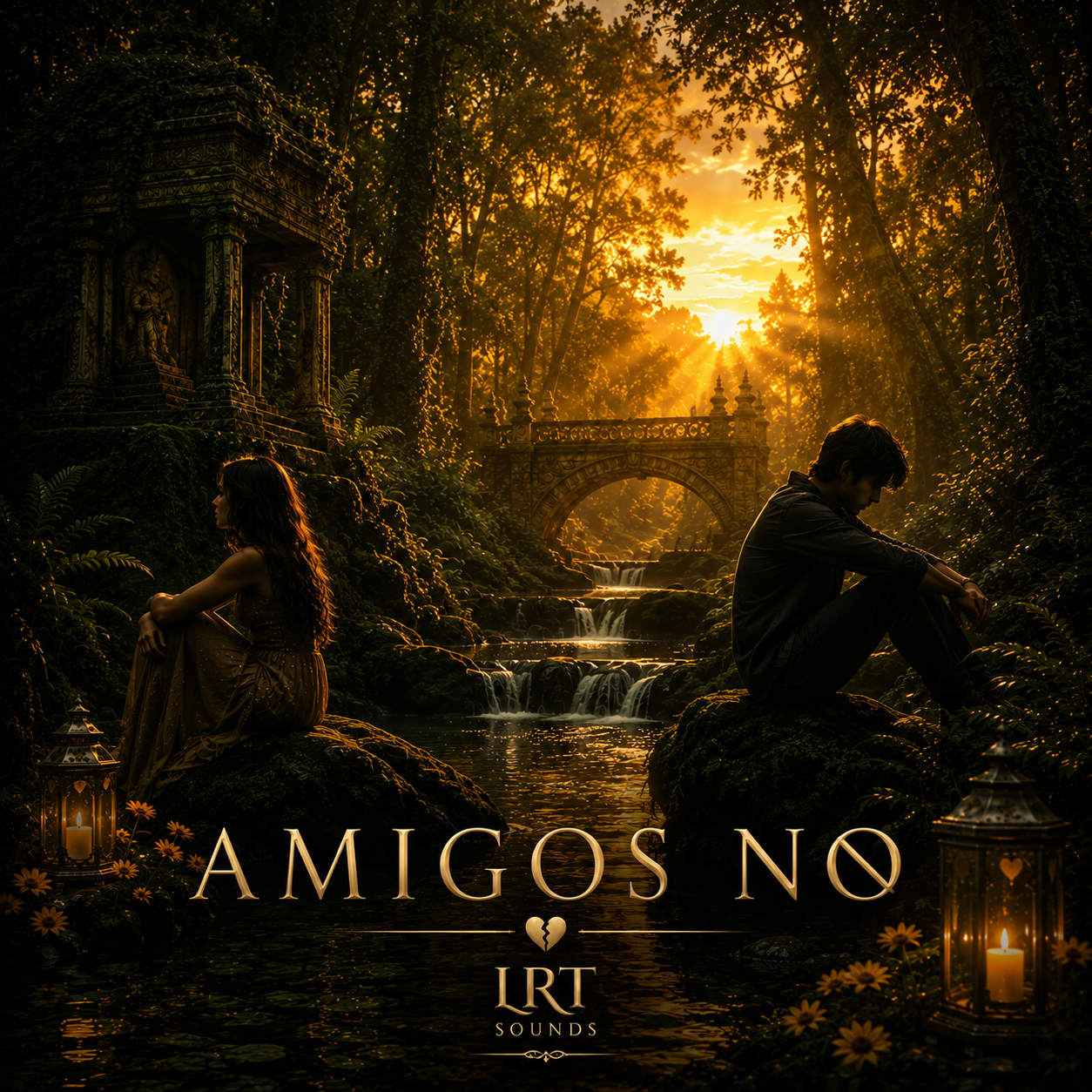A digital artwork depicting a peaceful forest scene at sunset with a man and woman sitting on rocks by a stream. The woman sits on the left, gazing into the distance, while the man sits on the right, looking downward. The scene includes an ornate stone bridge, classical statues, and lanterns with candles surrounded by flowers, creating a romantic atmosphere. The text on the image reads "Amigos No" with a broken heart symbol and "LRT Sounds" at the bottom.