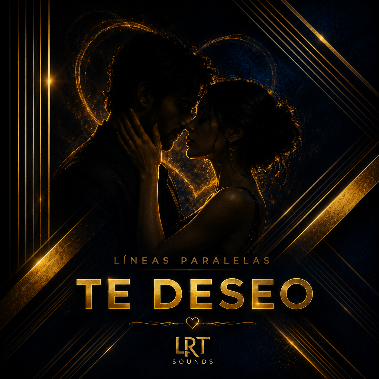 Silhouette of a romantic couple facing each other with their foreheads touching, surrounded by golden lines and a glowing heart shape, with the text 'Líneas Paralelas Te Deseo' and 'LRT Sounds' at the bottom.