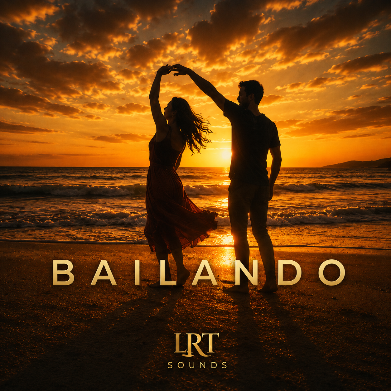 A couple dancing on the beach during sunset with the word 'BAILANDO' at the bottom and 'LRT SOUNDS' logo.