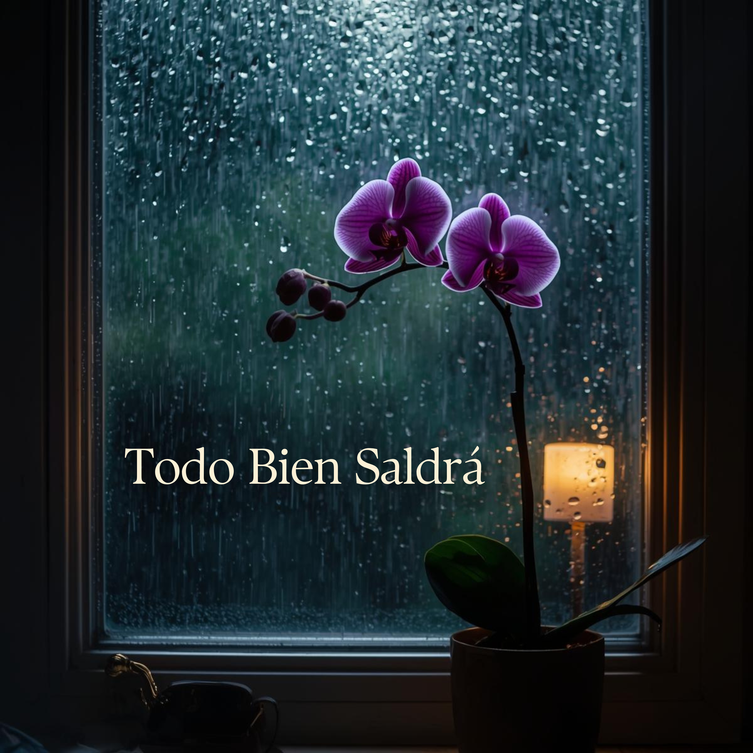 A potted purple orchid plant on a windowsill with rain streaked window and foggy view outside.