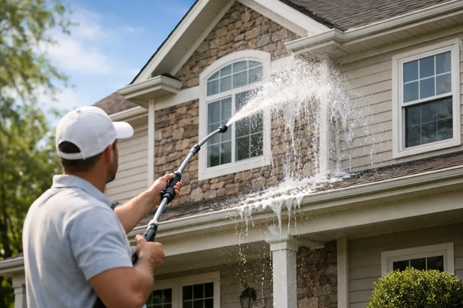 Man in white cap and shirt using a pressure washer to clean the upper exterior of a house with stone and siding, during daytime.