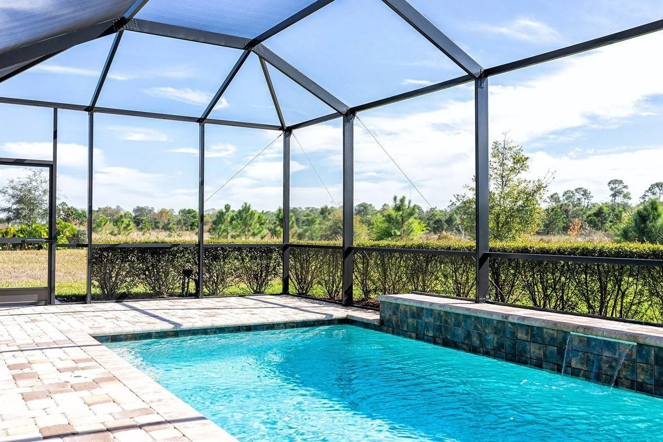 An outdoor swimming pool inside a screened enclosure with a view of trees and a cloudy sky outside.