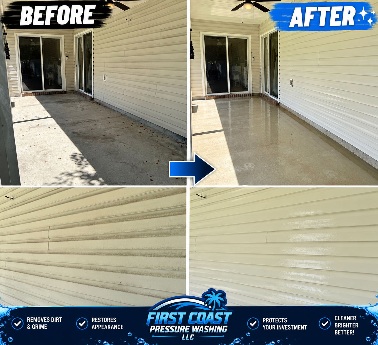 Comparison of a dirty, stained patio before and after pressure washing, showing a clean, bright surface.