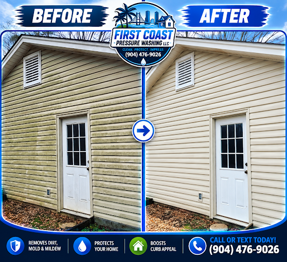 Comparison of house siding before and after power washing, with labels 'Before' and 'After' at the top.