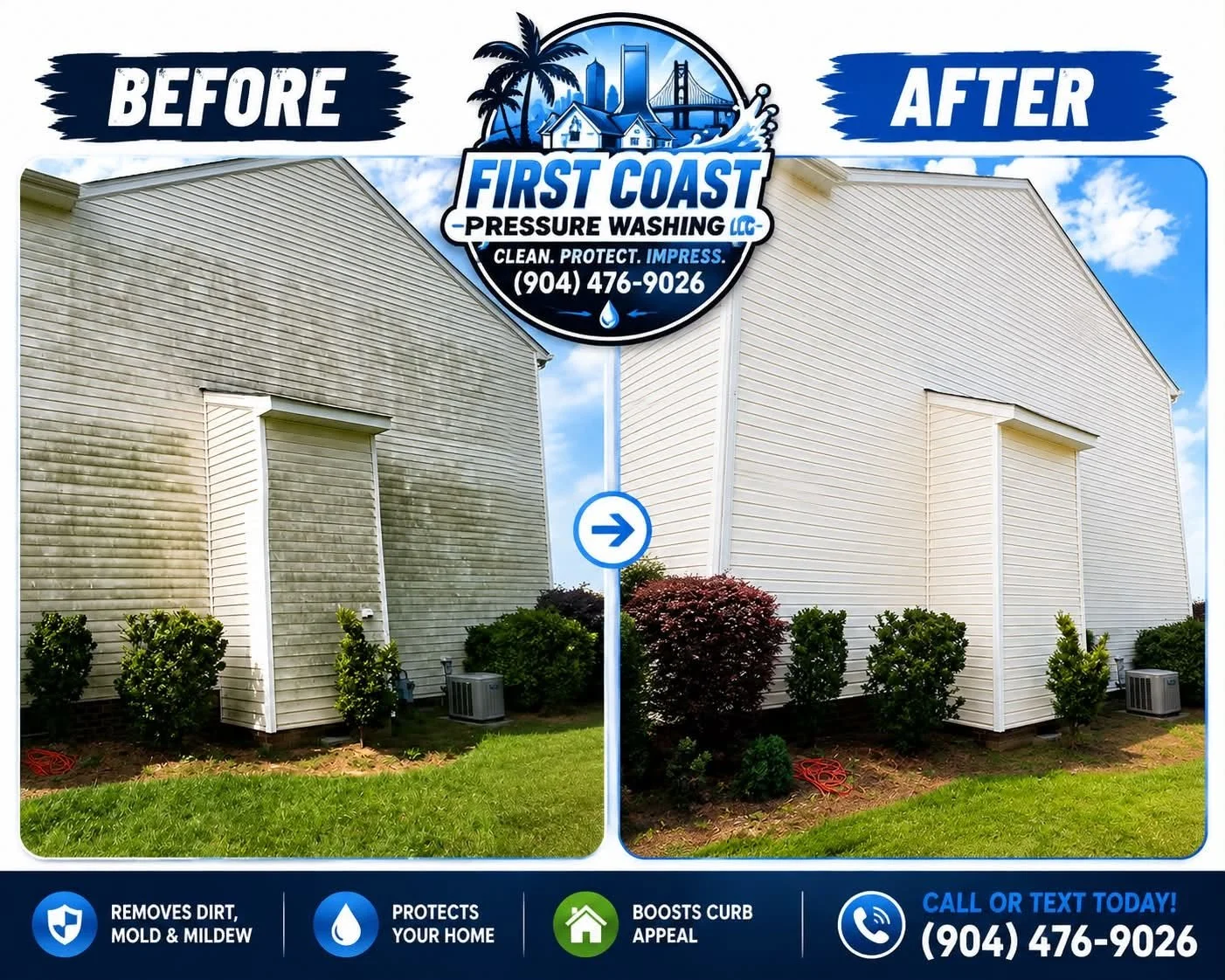Comparison of house siding before and after pressure washing, showing cleaner and brighter house exterior, with company logo and contact information at the top and service benefits listed at the bottom.