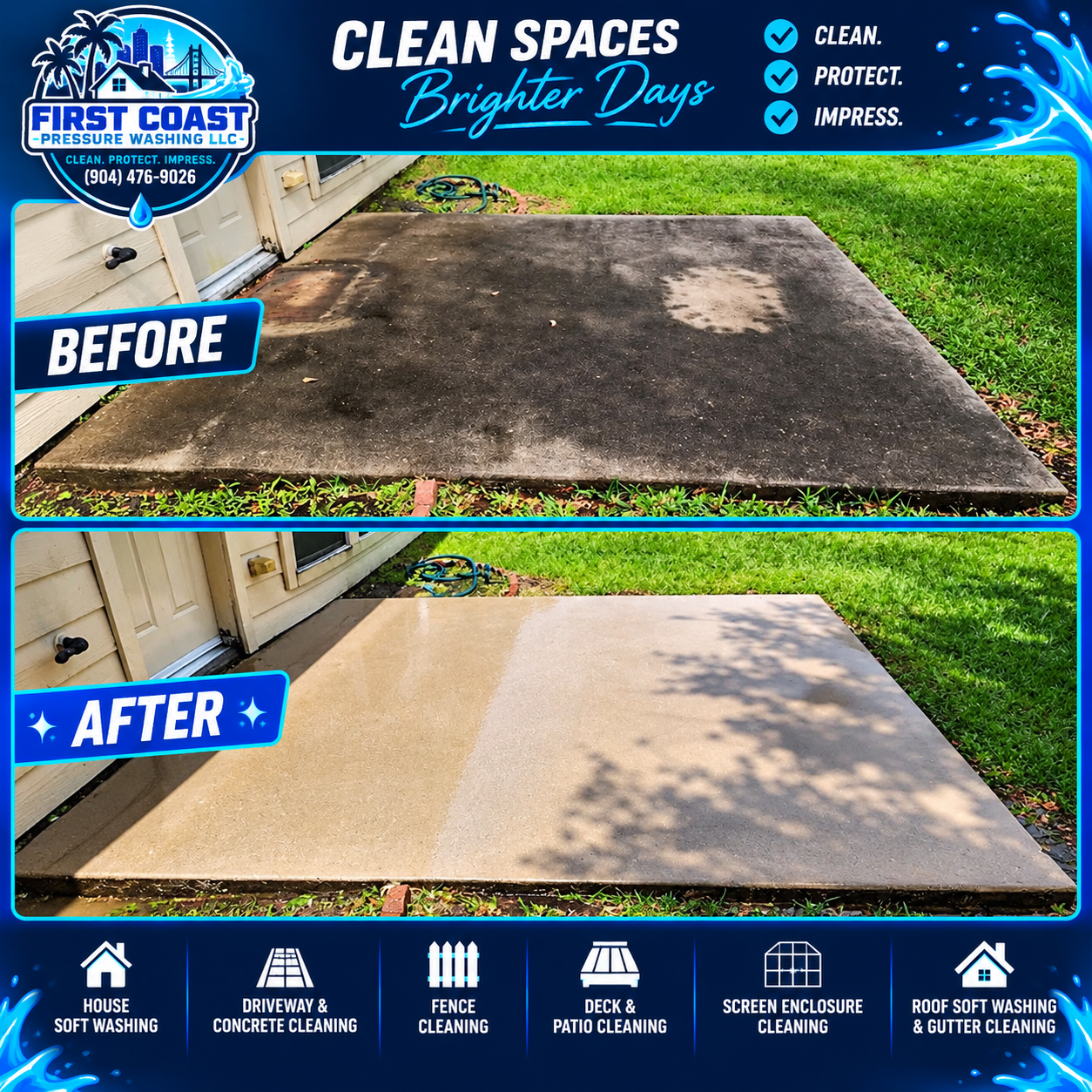 Comparison of a dirty, stained concrete patio before cleaning and a clean, bright concrete patio after pressure washing by First Coast Pressure Washing LLC.