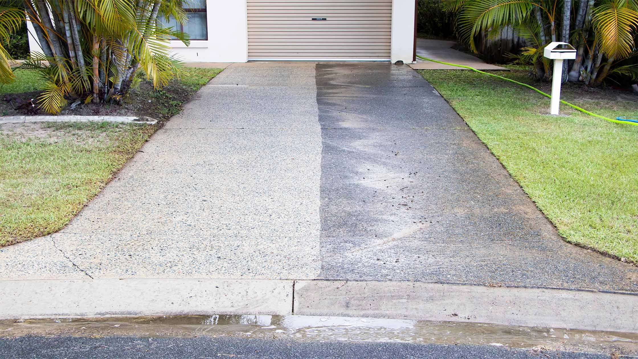 A driveway divided into two sections, one left with light-colored concrete and one right with dark asphalt, leading to a garage door in a modern house surrounded by green grass and tropical plants.