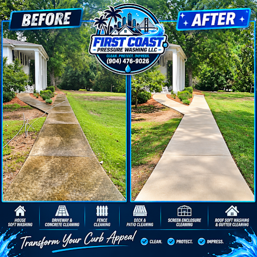 Side-by-side comparison showing before and after images of a concrete sidewalk, cleaned by First Coast Pressure Washing LLC, with a logo and contact information at the top and a tagline at the bottom.