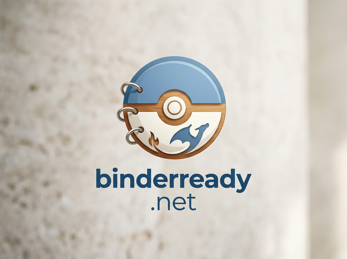 A sticker of a Pokéball with a blue and white color scheme, featuring a dragon and flame designs, with the text "binderready.net" below.