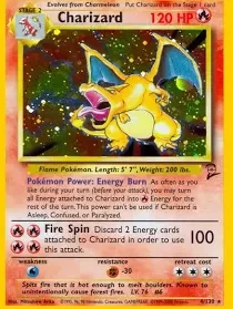 Charizard Pokémon trading card showing Charizard breathing fire, with 120 HP, type info, and attack details.