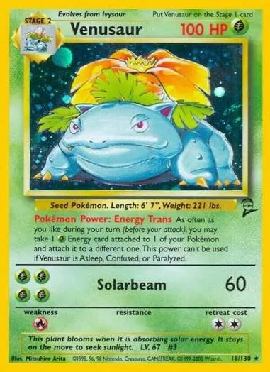 Venusaur Pokémon trading card showing its HP of 100, attack Solarbeam with 60 damage, and description indicating it evolves from Ivysaur, with info on its power, energy type, and retreat cost.