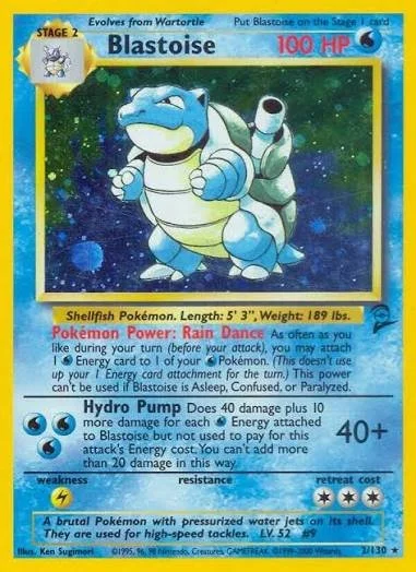 A Blastoise Pokémon trading card showing Blastoise with a blue shell, water cannons on its back, and a background of space with stars.