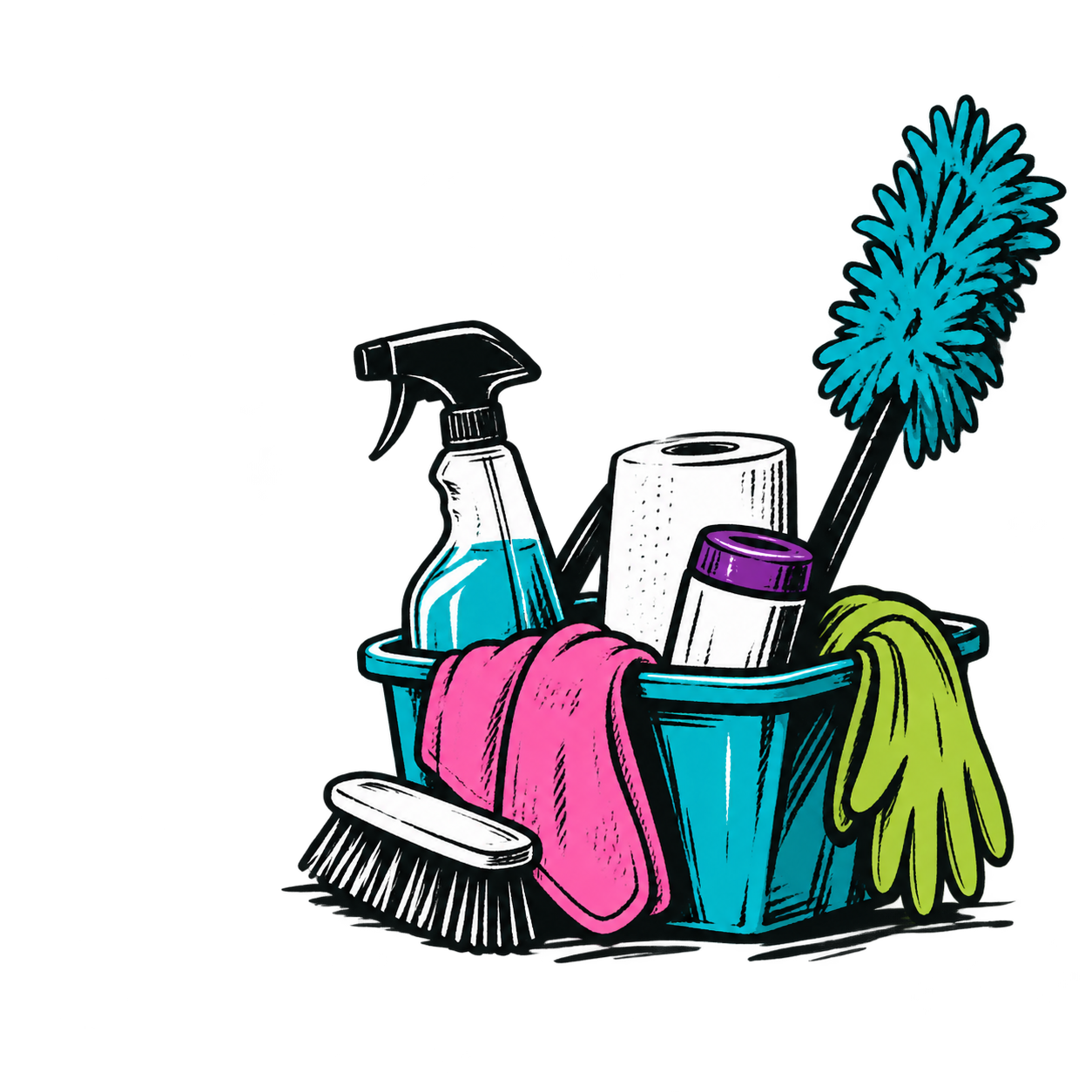 Illustration of a bucket filled with colorful cleaning supplies