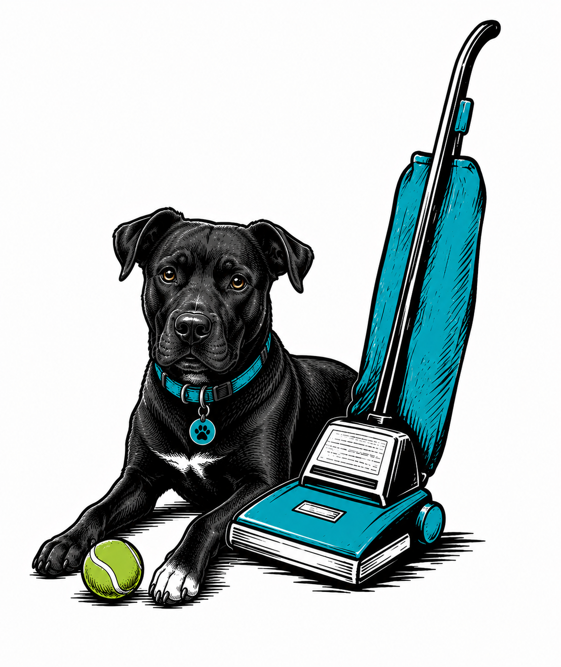 Illustration of a dog beside a vacuum cleaner